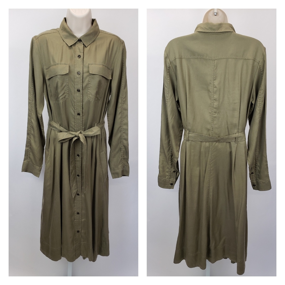 Banana Republic Green Pleated Midi Dress with Cuffed Sleeves